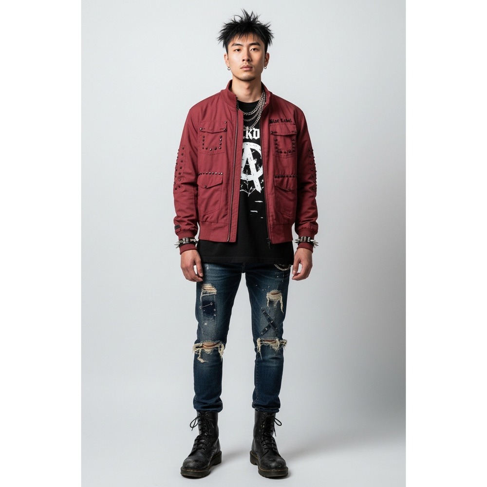 Blac Label Mens Studded Punk Attitude Bomber Jacket Burgundy Red Large Cotton‎